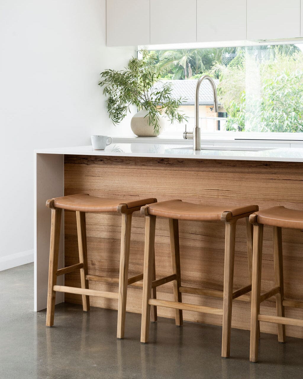 Otis Leather & Teak Saddle Counter Stool - Tan Sun Republic 