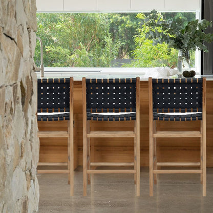 Otis Woven Black Leather & Teak Counter Stool Sun Republic 