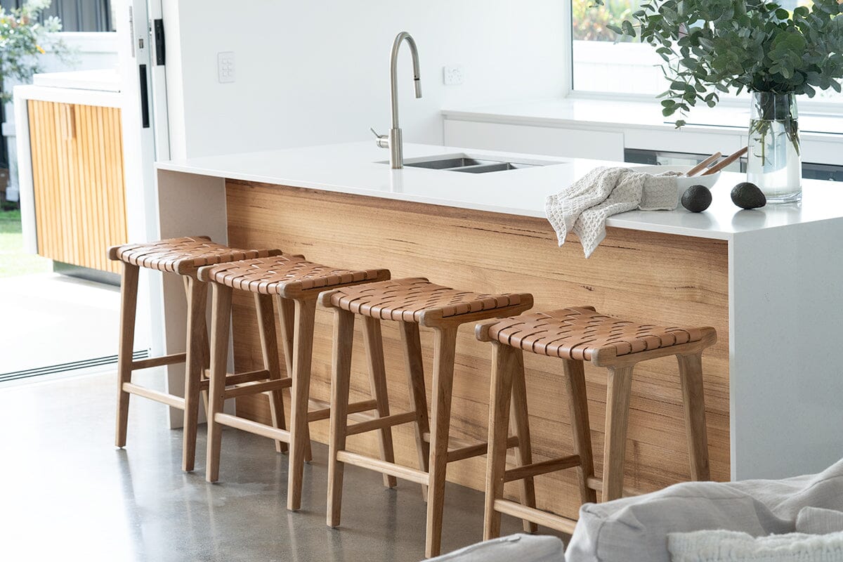 Otis Woven Leather & Teak Saddle Counter Stool - Nude Sun Republic 