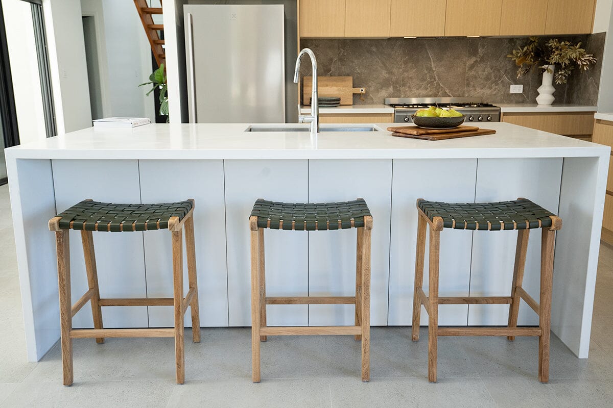 Otis Woven Leather & Teak Saddle Counter Stool - Olive Sun Republic 