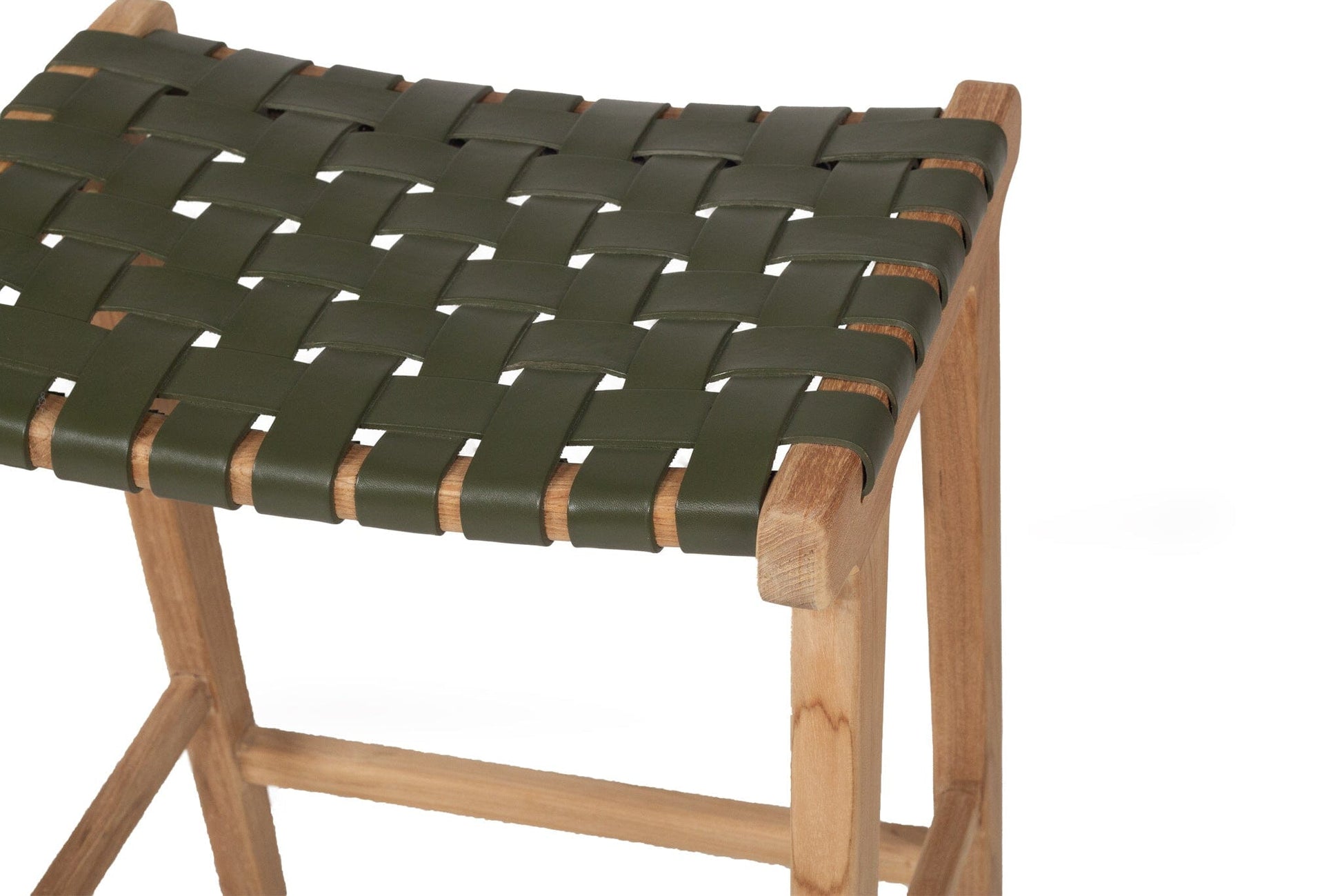 Otis Woven Leather & Teak Saddle Counter Stool - Olive Sun Republic 