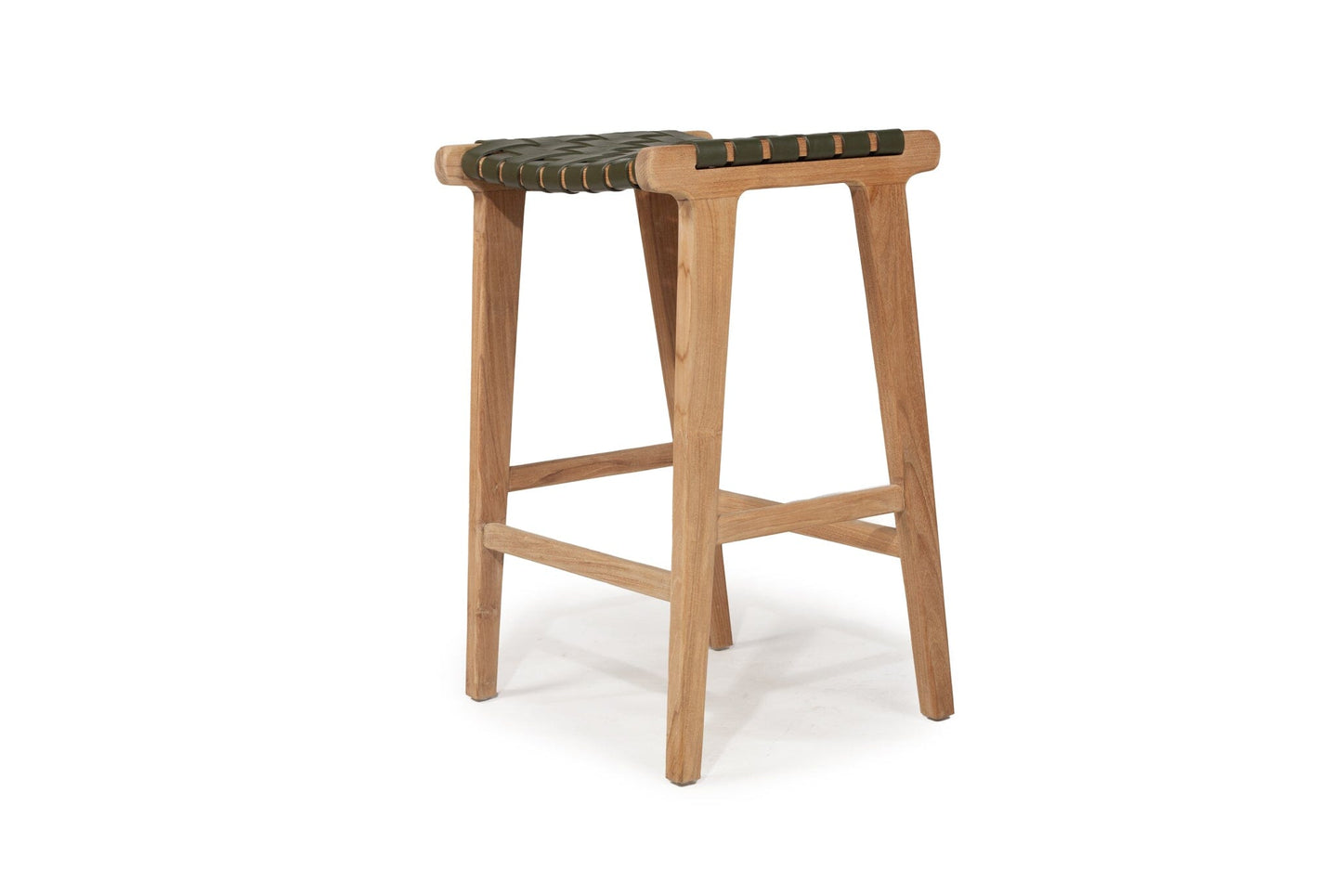 Otis Woven Leather & Teak Saddle Counter Stool - Olive Sun Republic 