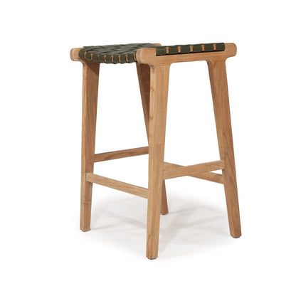 Otis Woven Leather & Teak Saddle Counter Stool - Olive Sun Republic 