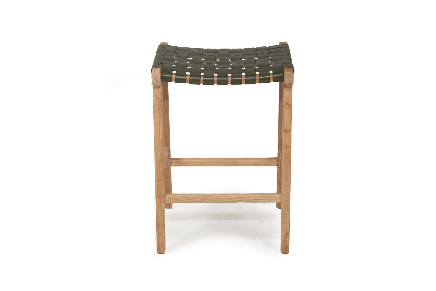 Otis Woven Leather & Teak Saddle Counter Stool - Olive Sun Republic 