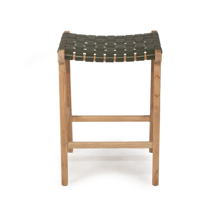 Otis Woven Leather & Teak Saddle Counter Stool - Olive Sun Republic 