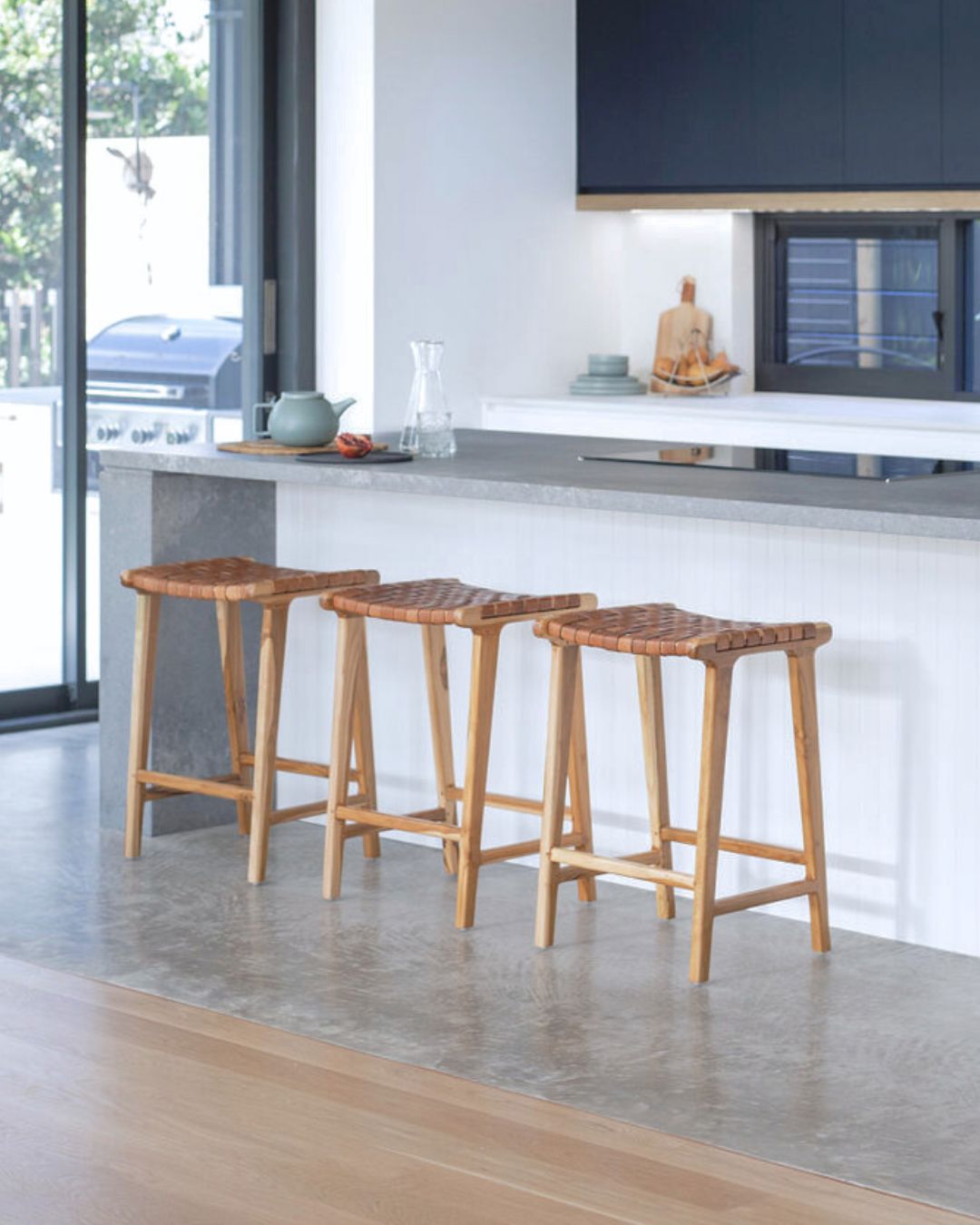 Otis Woven Leather & Teak Saddle Counter Stool - Tan Sun Republic 