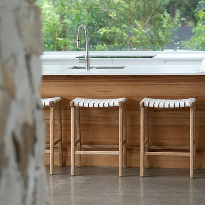 Otis Woven Leather & Teak Saddle Counter Stool - White Sun Republic 