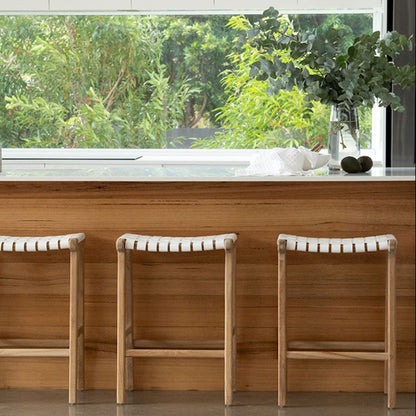 Otis Woven Leather & Teak Saddle Counter Stool - White Sun Republic 