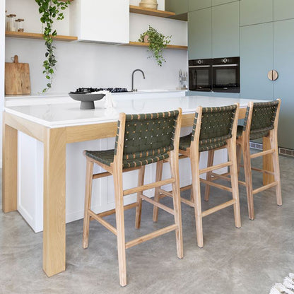 Otis Woven Olive Leather & Teak Counter Stool Sun Republic 