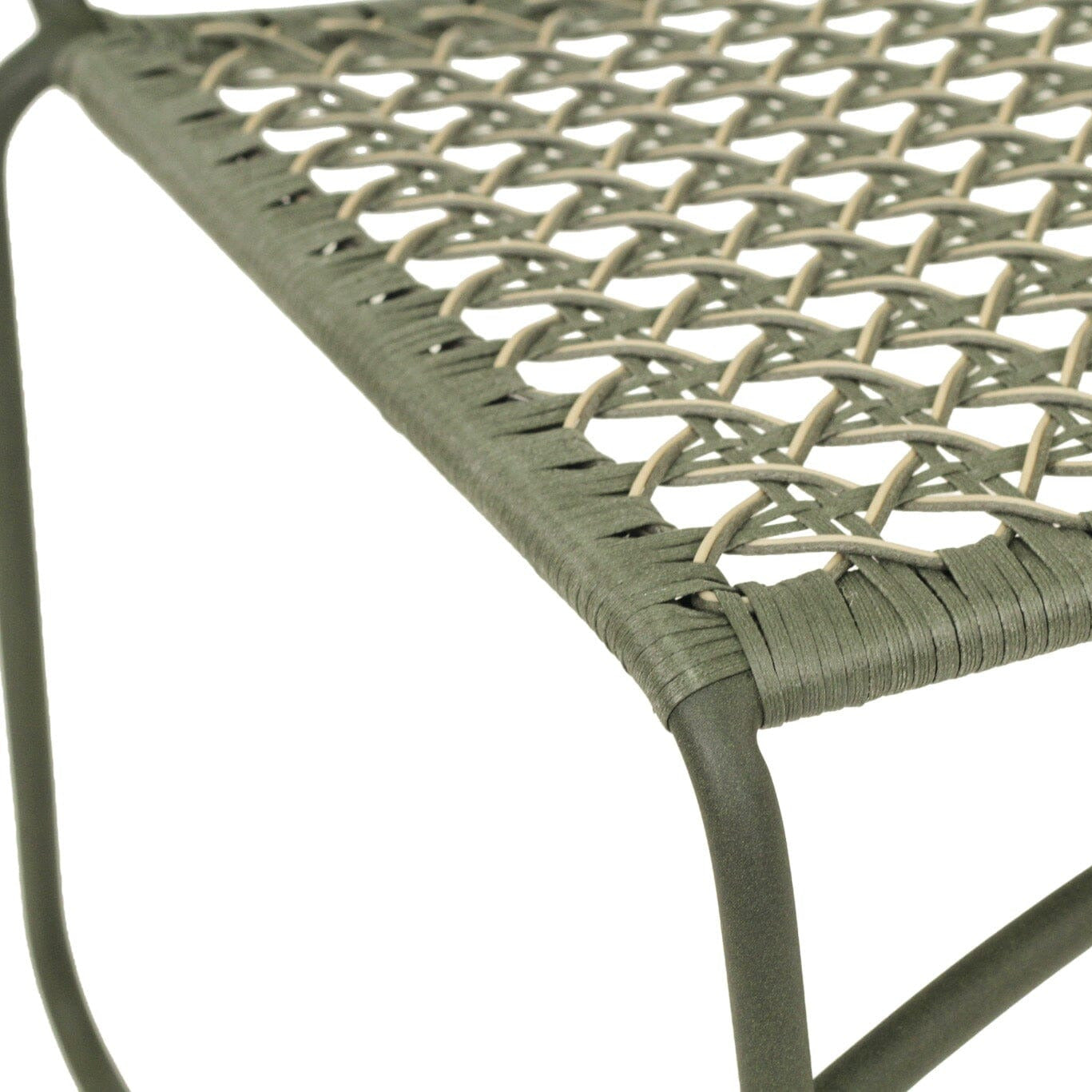 Close-up of a green woven chair seat on a white background