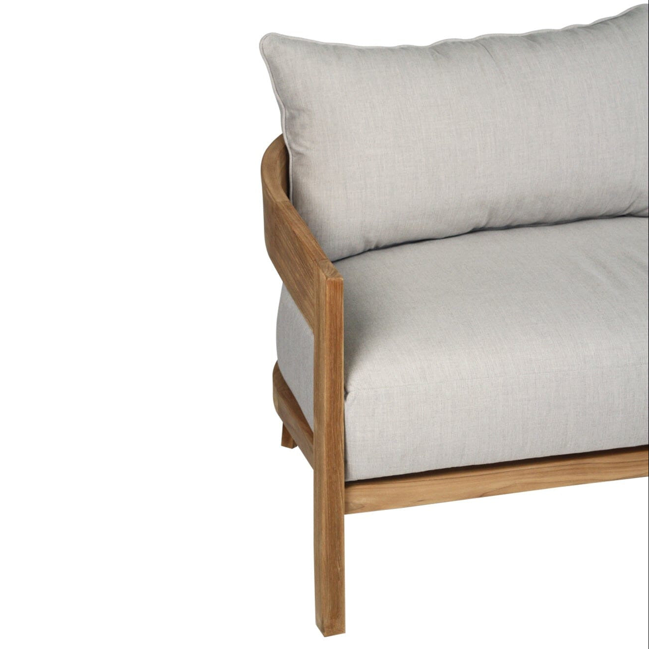 Sofa with wooden frame and light gray cushions on a white background