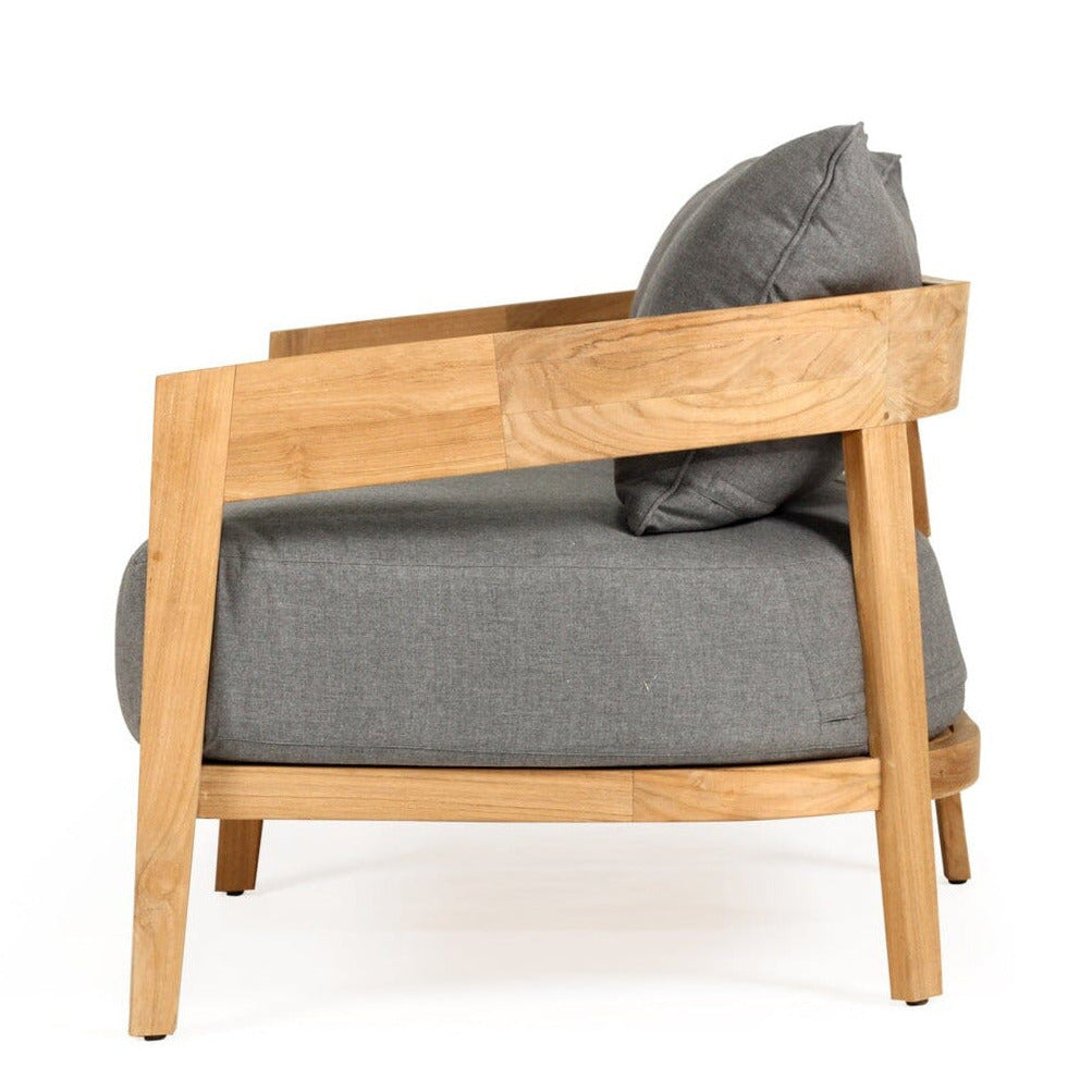 Teak Outdoor sofa with gray cushions on a white background