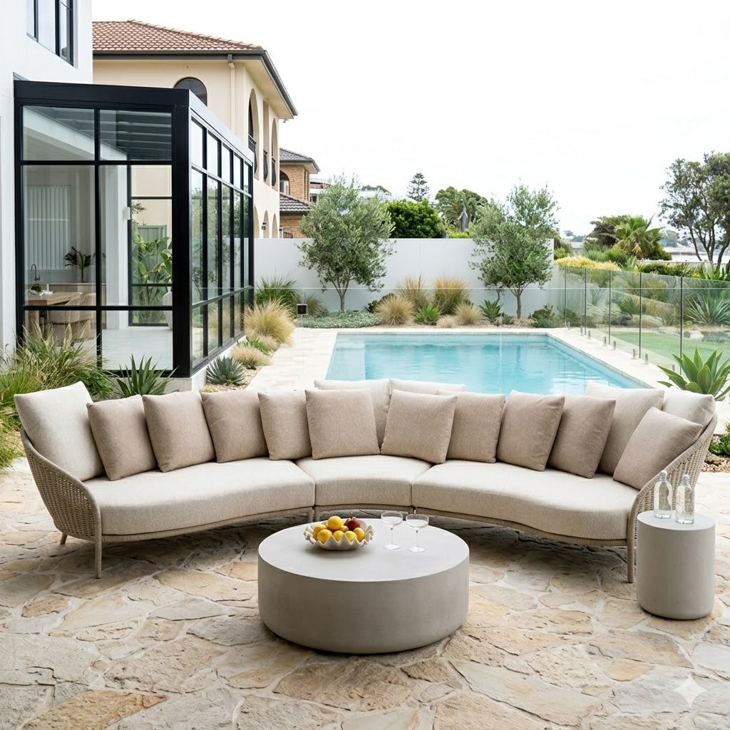 Outdoor patio setting with a curved sectional sofa and round coffee table by a pool.