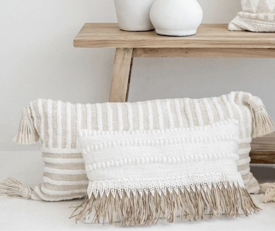 Paradise Shell Embellished Cushion with Raffia Fringing Sun Republic 