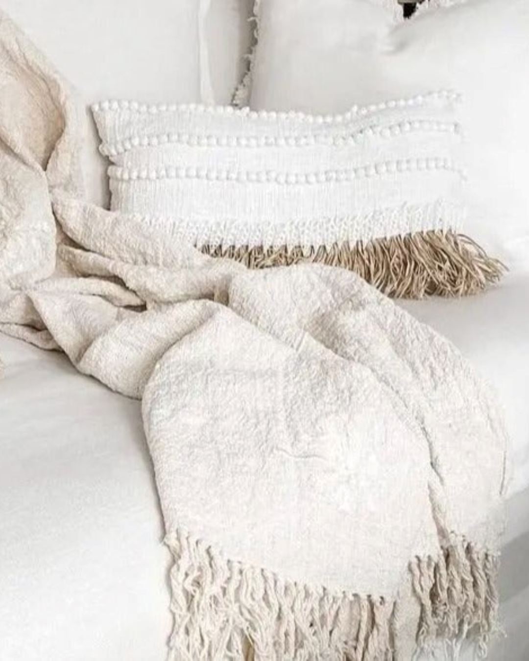 Paradise White Shell Embellished Cushion with Raffia Fringing Sun Republic 