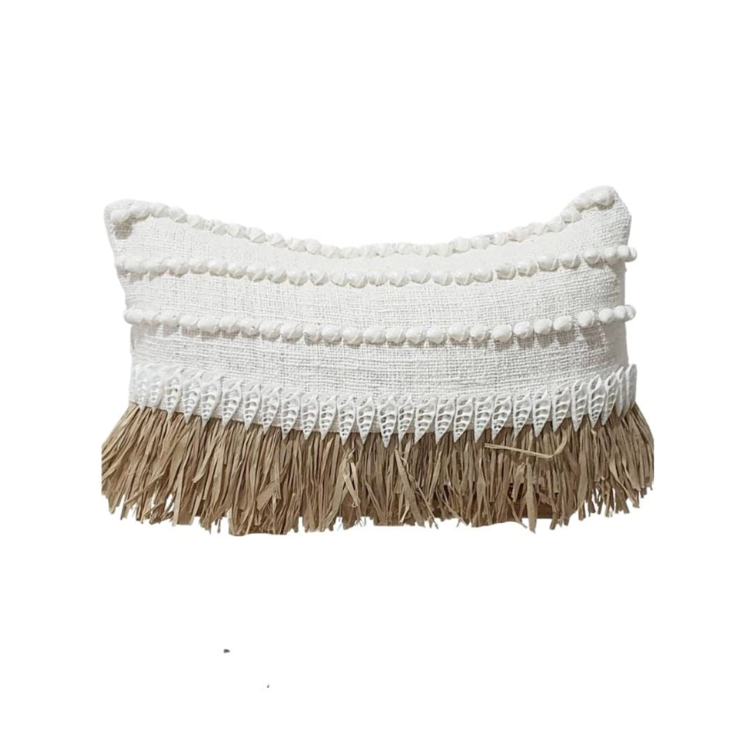 Paradise White Shell Embellished Cushion with Raffia Fringing Sun Republic 