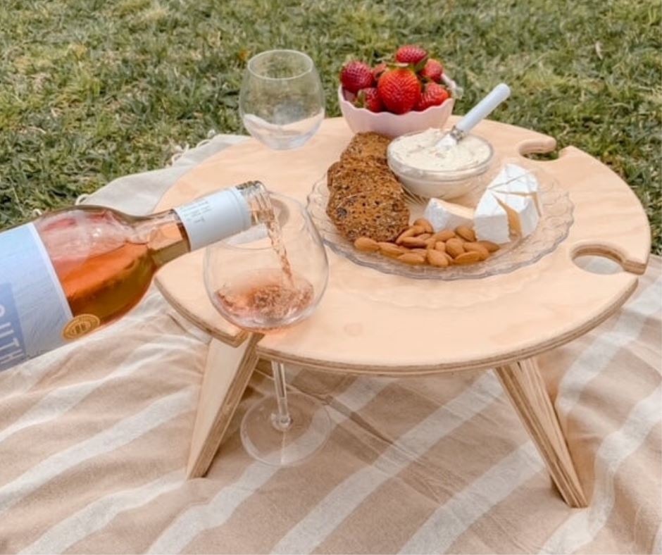 Portable Round Timber Picnic Table with Wine & Bottle Cut outs Sun Republic 