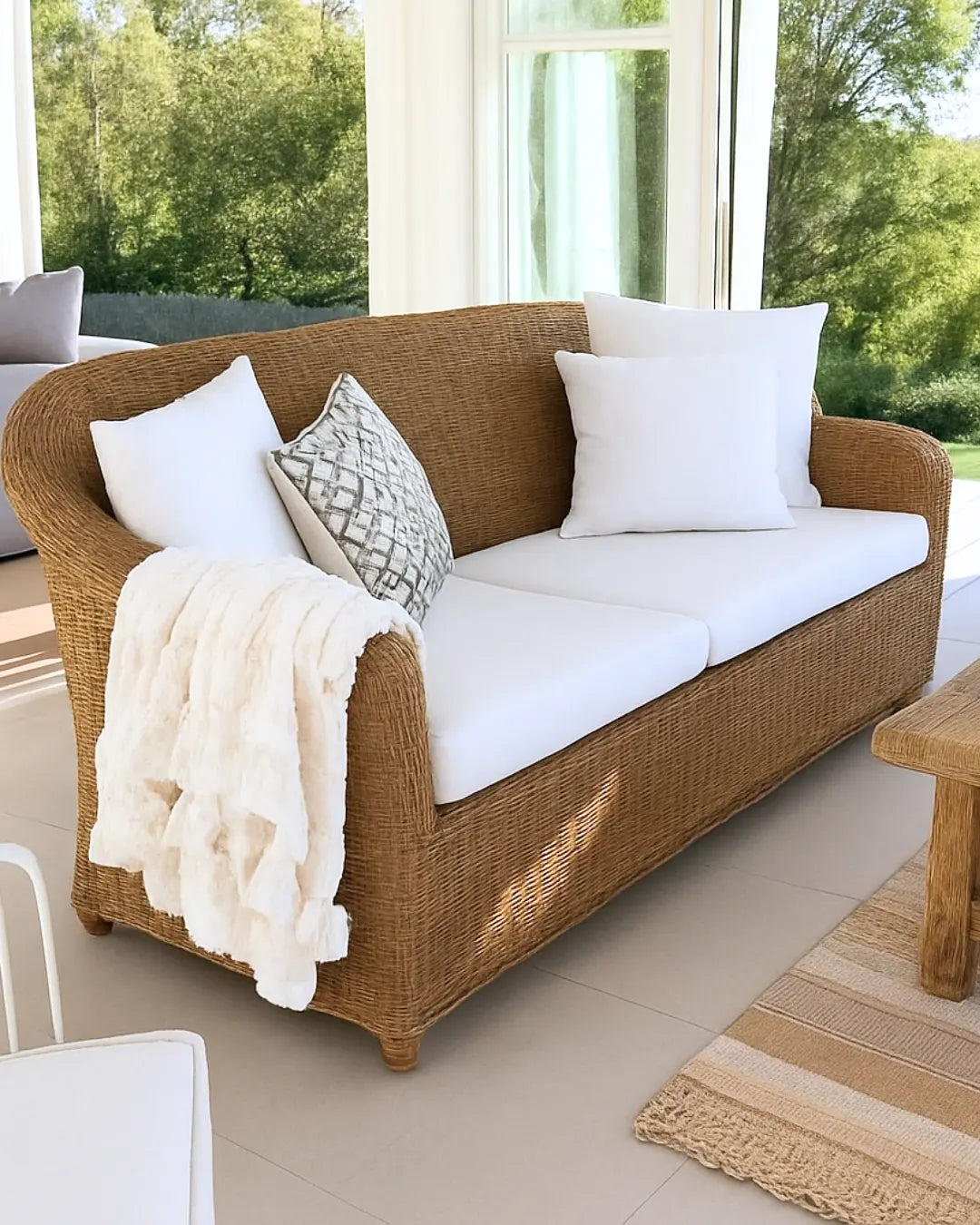 Wicker outdoor sofa with white cushions and a blanket in a garden setting