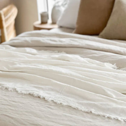 Close-up of a textured white blanket on a bed in a softly lit bedroom.