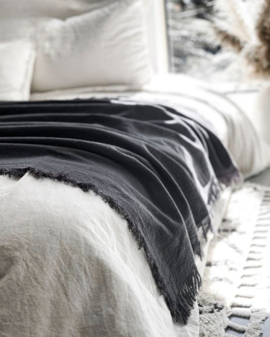 Gray throw blanket on a bed with white bedding