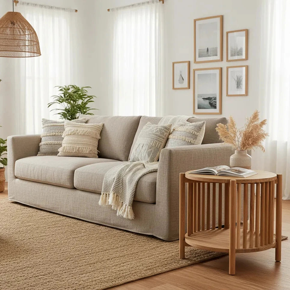 Living room with a beige sofa, wooden side table, and decorative elements.