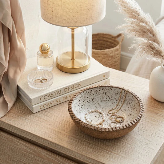 Decorative items on a wooden surface including a lamp, books, and a jewelry dish.