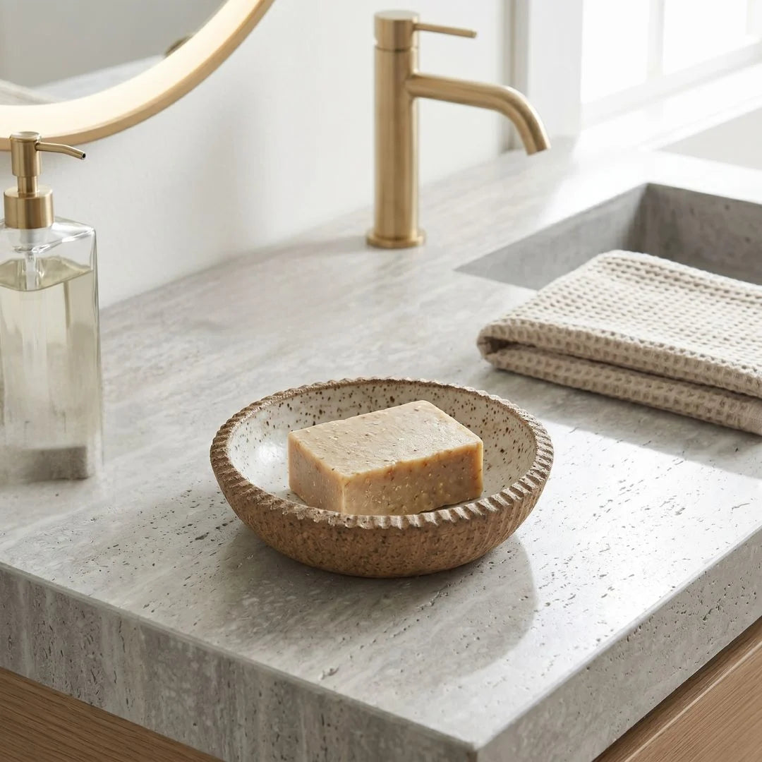 Bathroom counter with soap dish, bar of soap, towel, and faucet.
