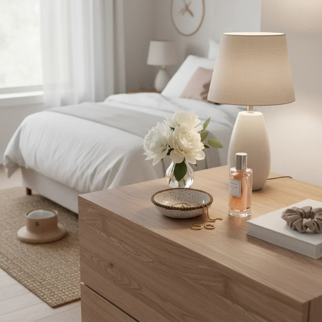 Wooden nightstand with decorative items in a bedroom setting