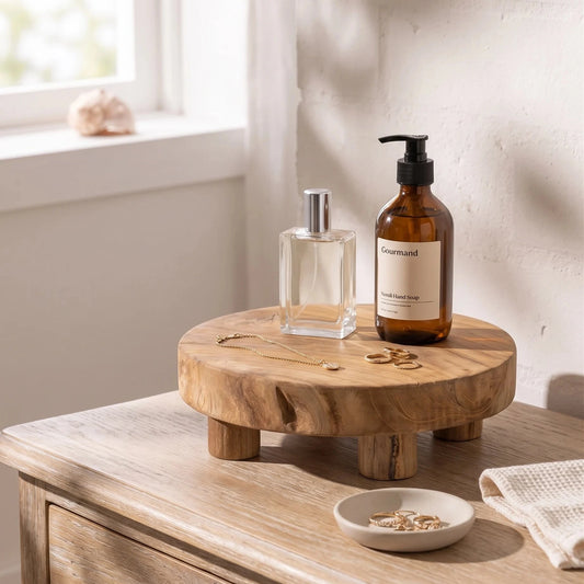 Wooden tray with bottles on a wooden surface near a window