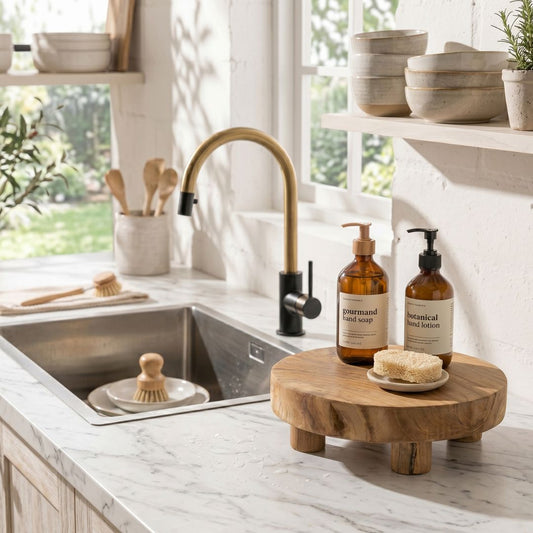 Kitchen sink area with a wooden stand holding bottles and a sponge, natural light coming through windows.