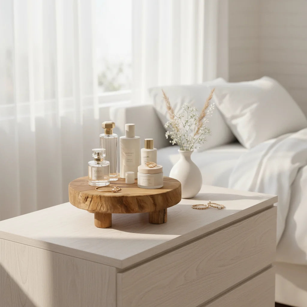 Wooden tray with skincare products on a white surface, with a blurred background of a couch and window.
