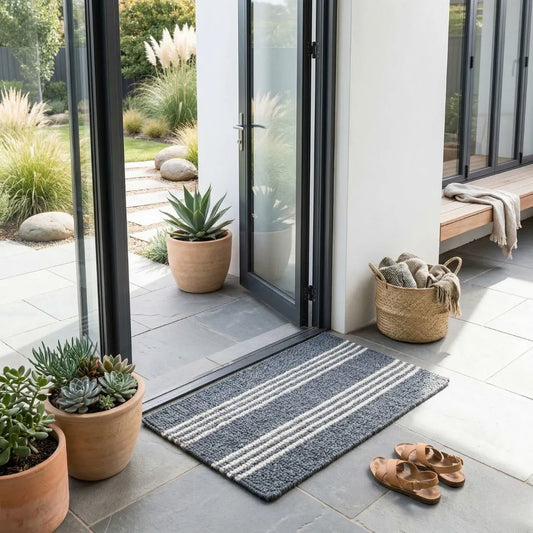 Outdoor patio area with a doormat, potted plants, and a bench.