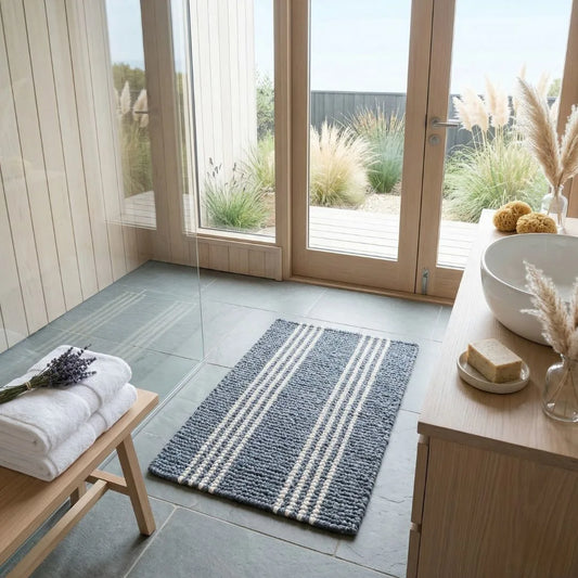 Modern bathroom with a rug, towels, and a sink.