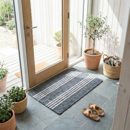 Entryway with a doormat, sandals, and potted plants on a tiled floor.