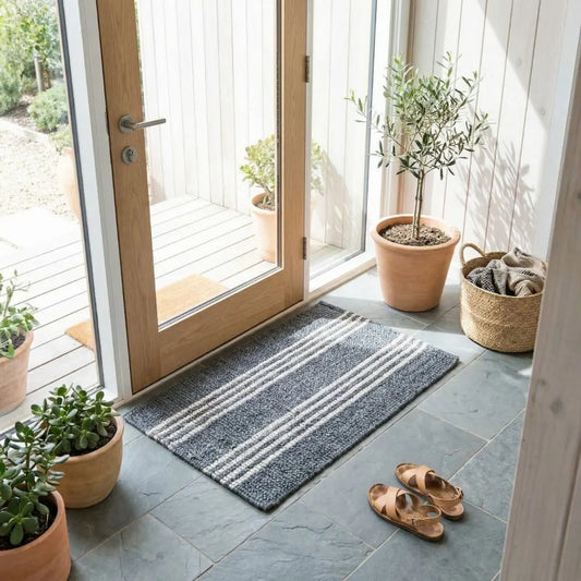 Entryway with a doormat, sandals, and potted plants on a tiled floor.