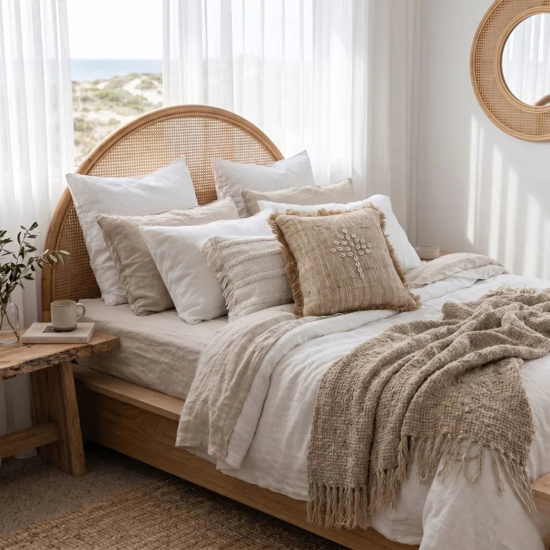 Neatly made bed with beige and white bedding in a bright bedroom.