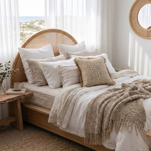 Neatly made bed with beige and white bedding in a bright bedroom.