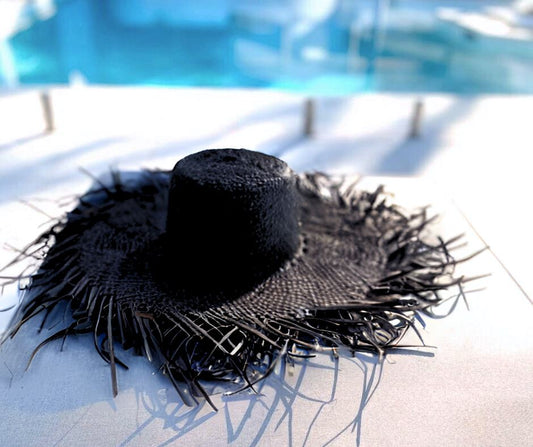 Sophia Palm Leaf Sun Hat With Frayed Brim - Black Sun Republic 