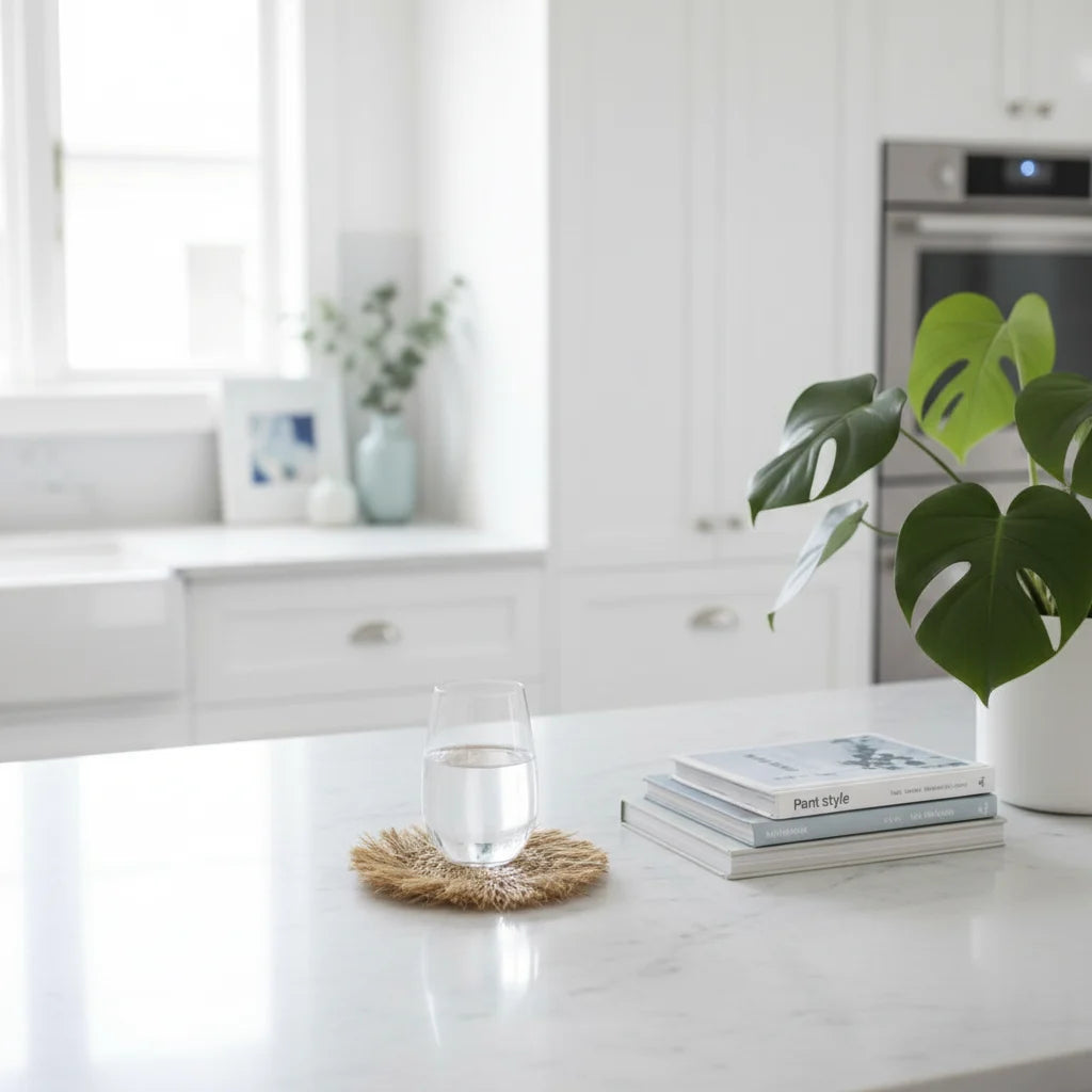 Modern kitchen with a white countertop, glass of water, books, and a plant.