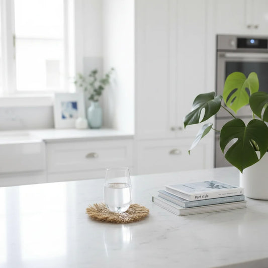 Modern kitchen with a white countertop, glass of water, books, and a plant.