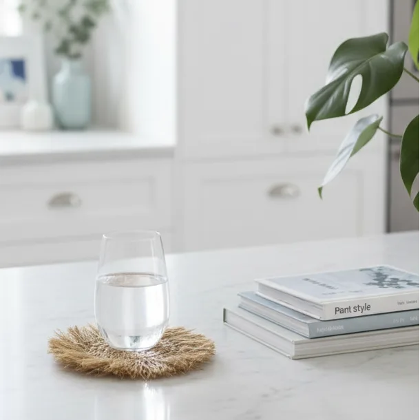 Clear glass of water on a woven coaster with books and a plant in the background
