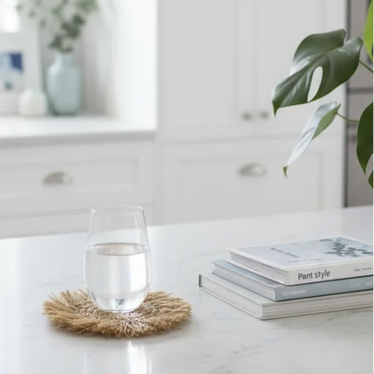Clear glass of water on a woven coaster with books and a plant in the background