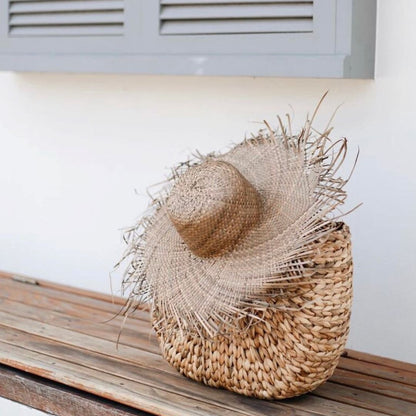 Tan Palm Leaf Sun Hat With Fringe - Sophia Sun Republic 