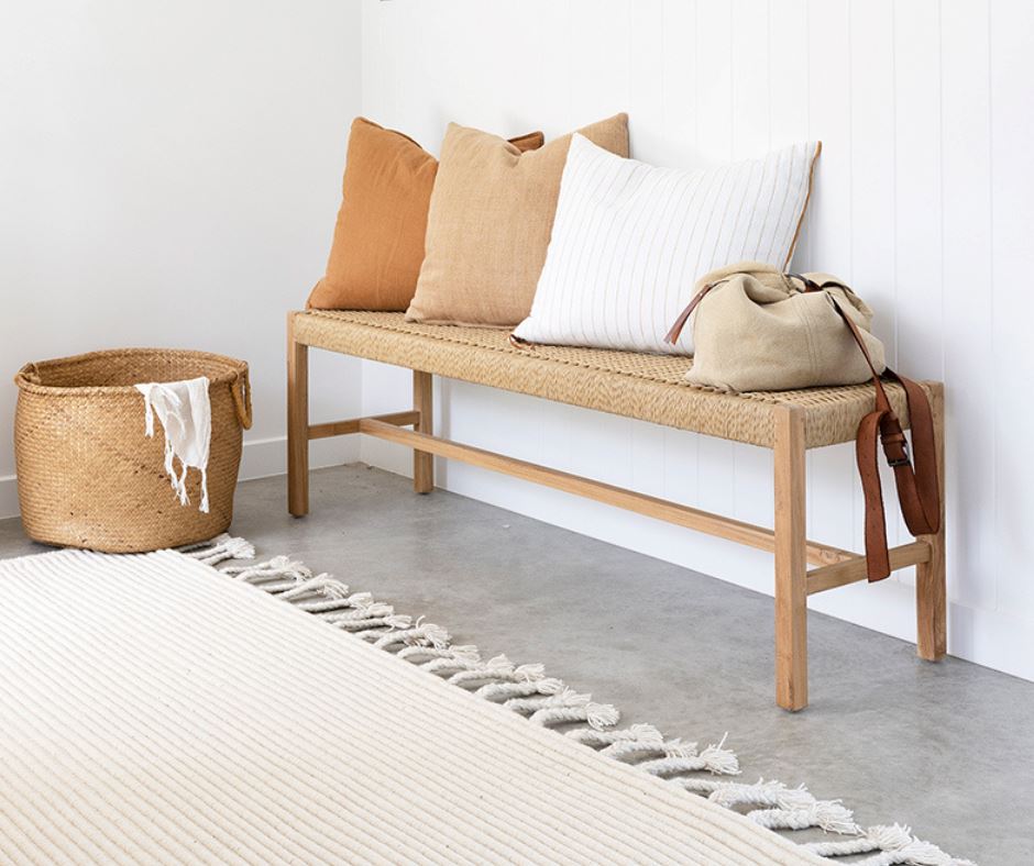 Teak Coastal Style Woven Bench Seat - Sand Sun Republic 