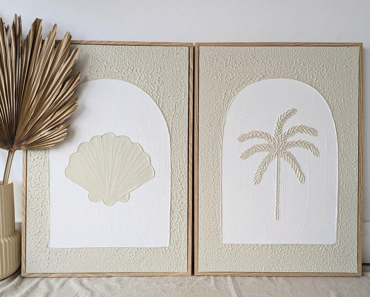 Textured Plaster Art - Clam Shell + Palm Tree - Set of 2 Coloured Sun Republic 