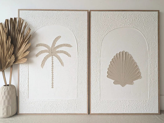 Textured Plaster Art - Coloured Clam Shell + Palm Tree - Set of 2 Sun Republic 