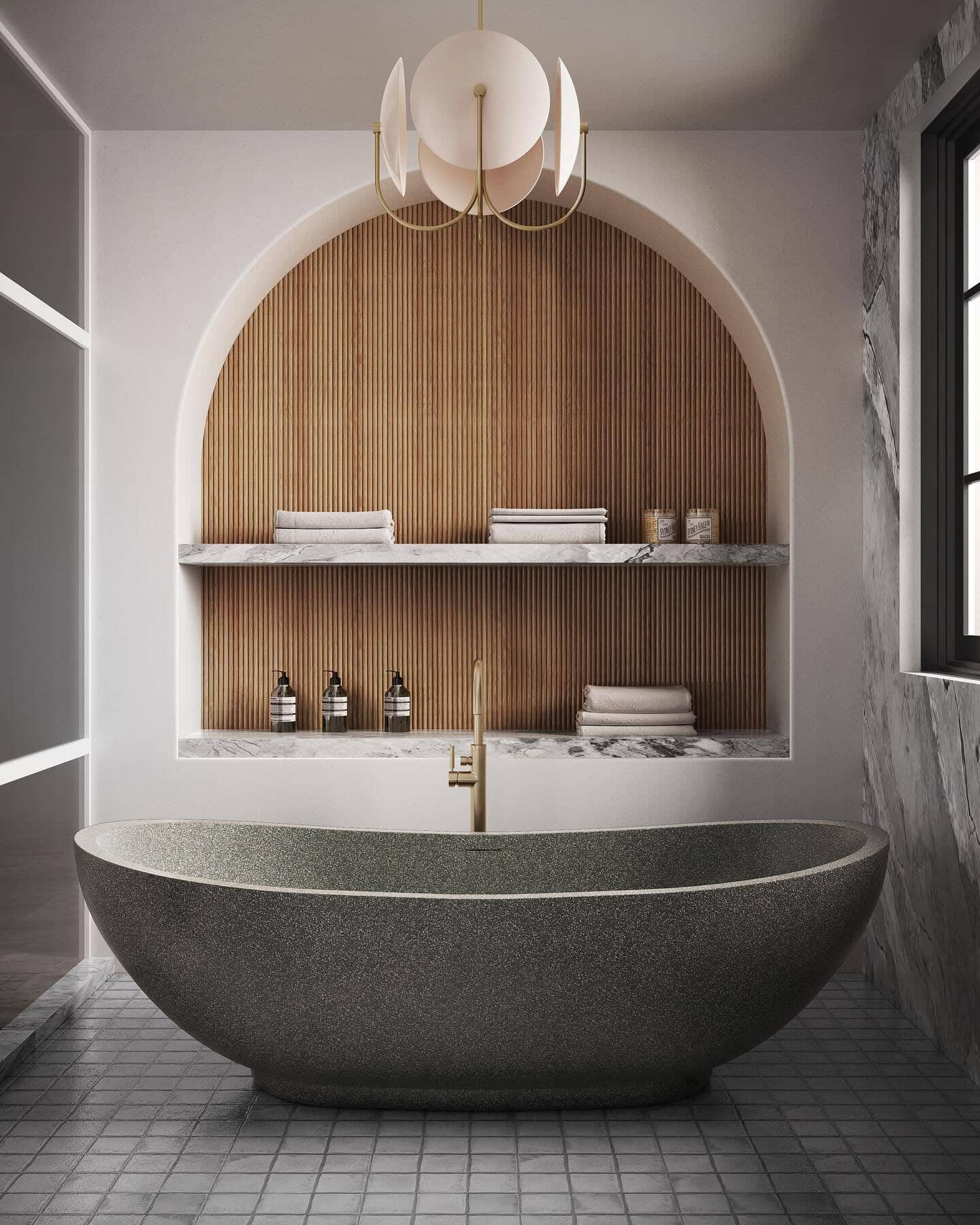 Modern bathroom with a stone bathtub, wooden shelves, and a chandelier.