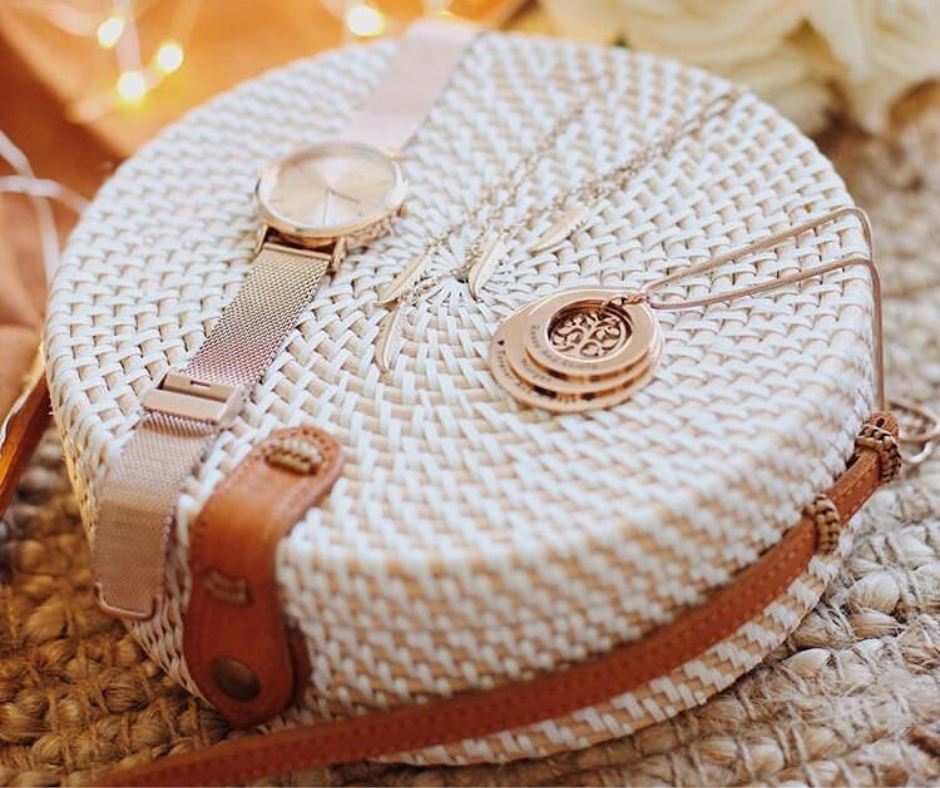 Woven Rattan Bag With Tan Leather Strap - Dahlia White Sun Republic 