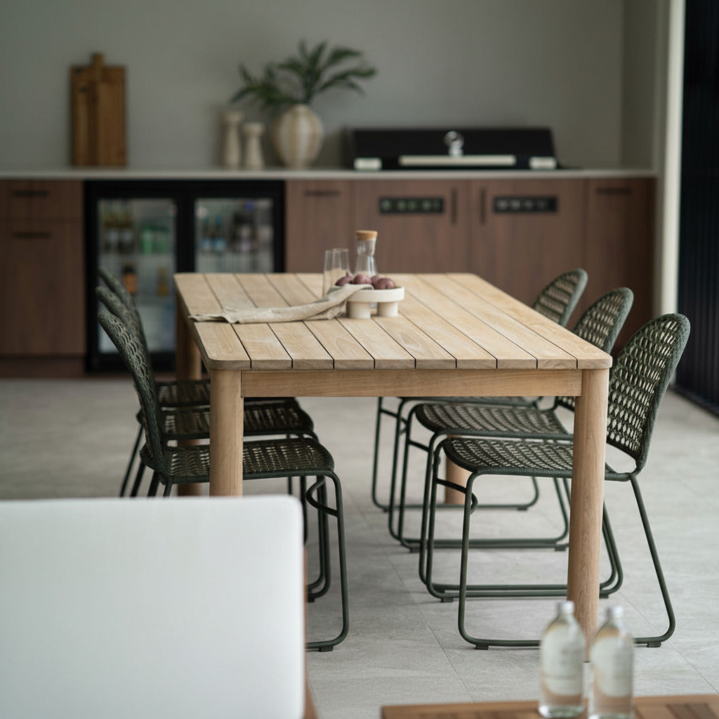 Wooden dining table with chairs in a modern kitchen setting