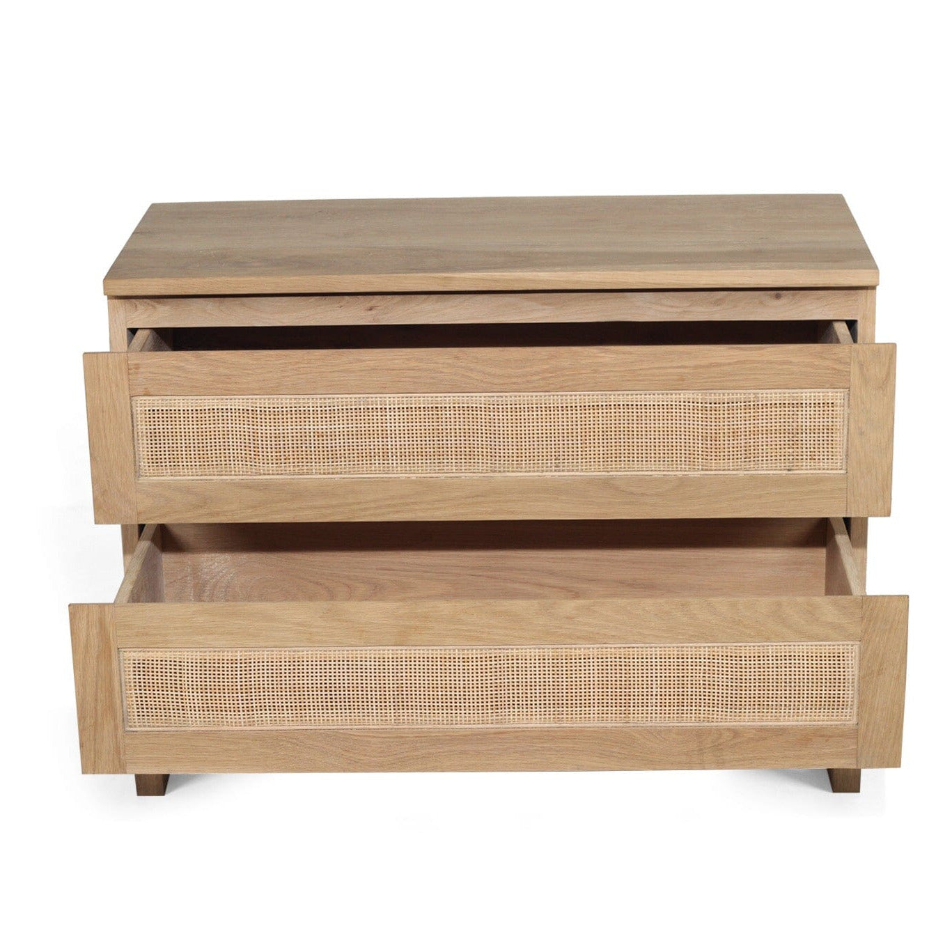 Close up of details on the Kiera American Oak Nightstand on a white background by Sun Republic